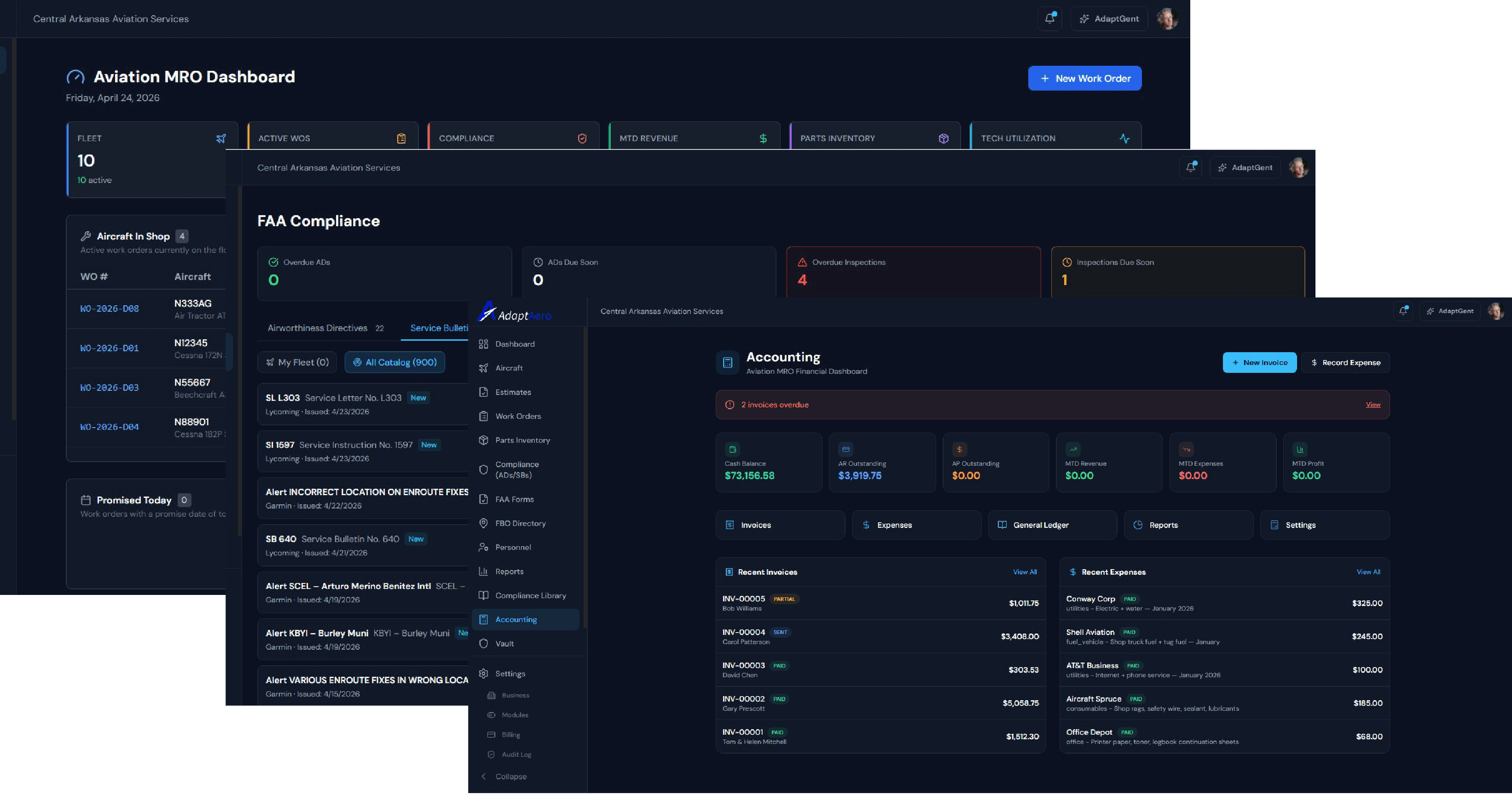 AdaptAero SaaS platform — MRO Dashboard, FAA Compliance, and Accounting modules
